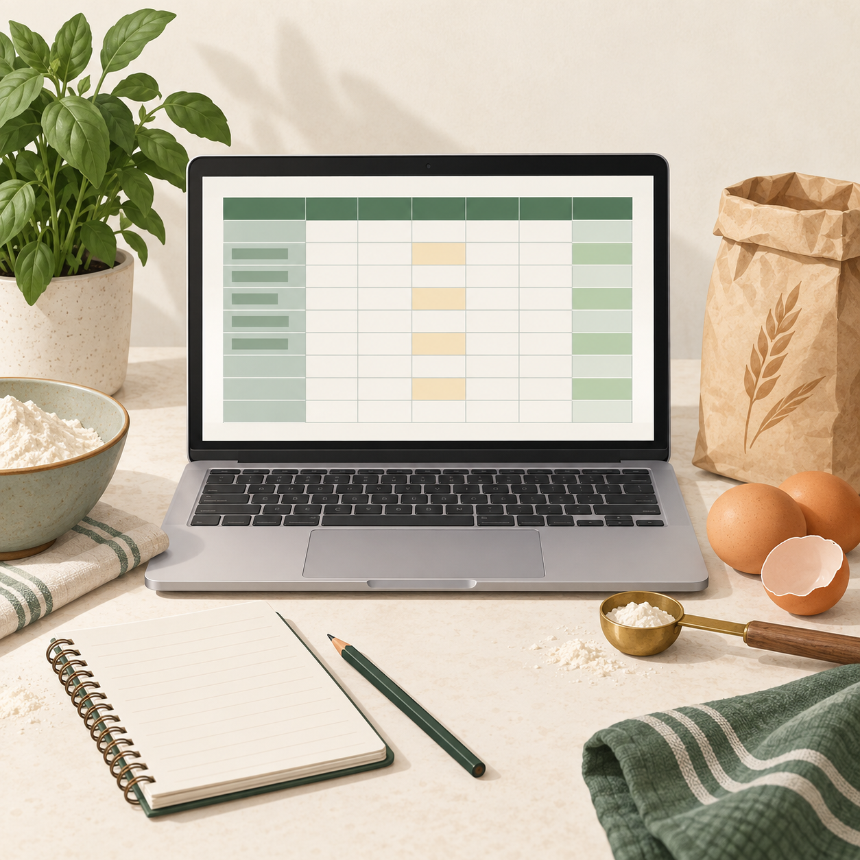 Computador com uma planilha aberta ao lado de ingredientes e um caderno.